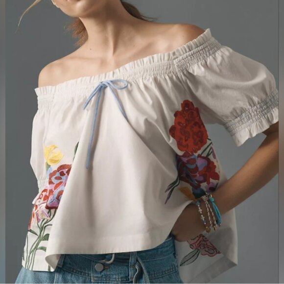 Anthropologie Embroidered Cotton Blouse White size S - Picture 1 of 7